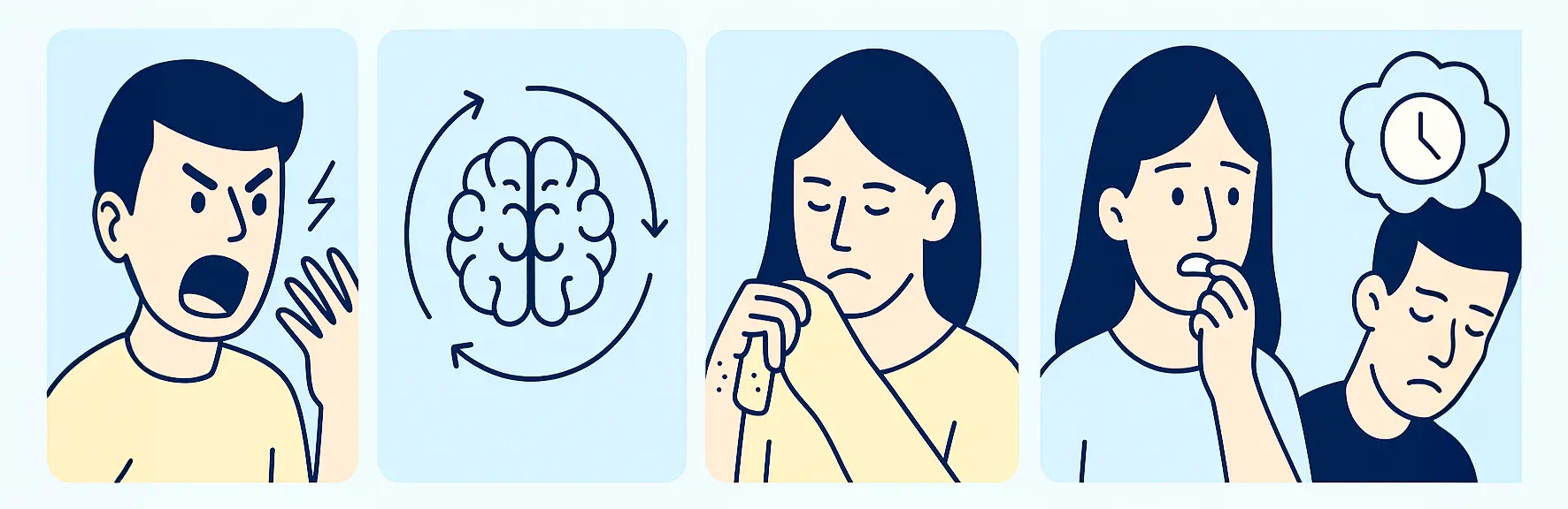 Illustration von problematischen Verhaltensmustern: emotionale Überreaktionen, Zwangsgedanken, Skin-Picking, Nägelkauen und chronischer Stress – professionelles Banner für Psychologie und Suchtberatung